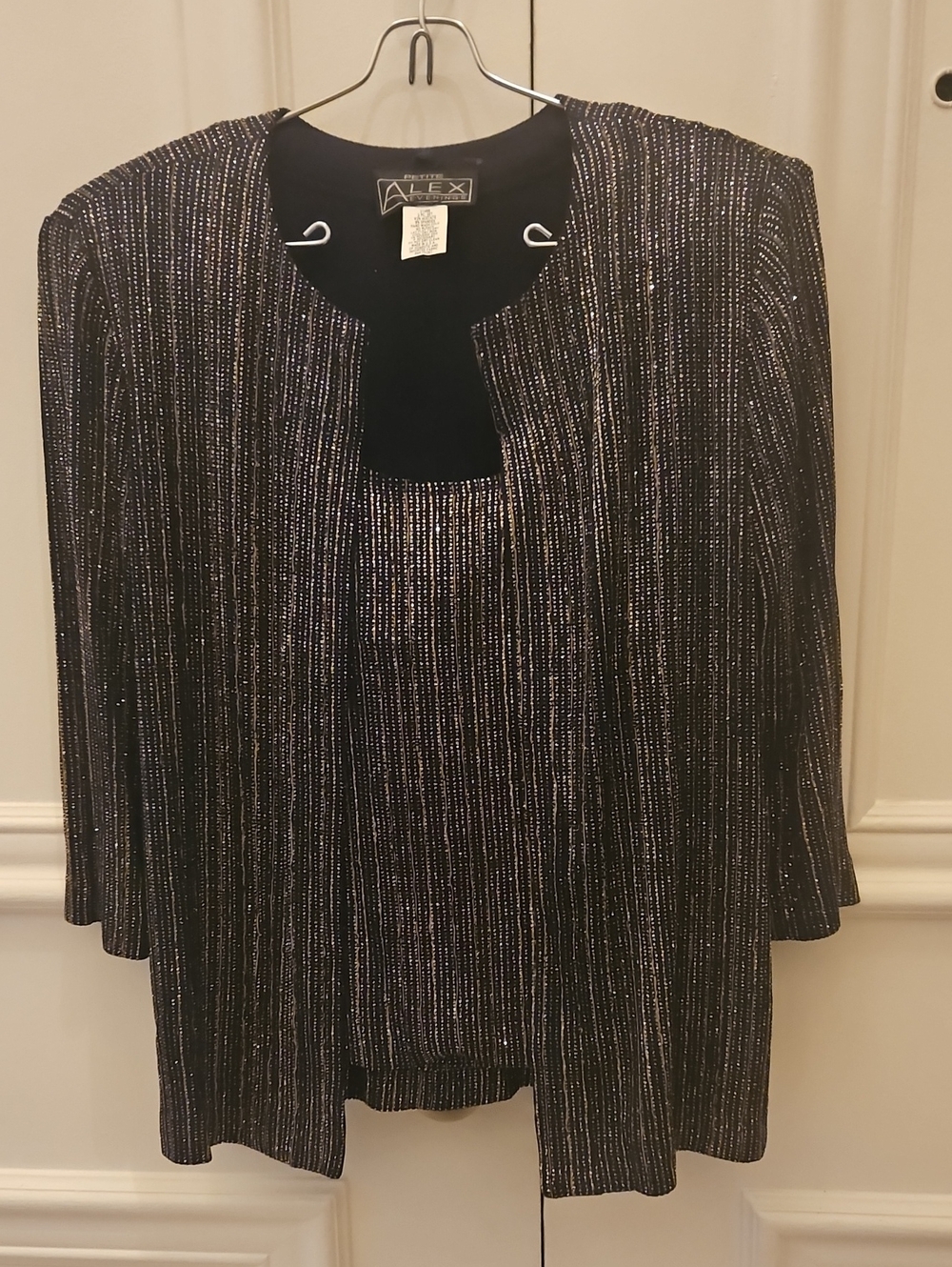 Alex Evenings Black Metallic-Striped Evening Sweater Jacket and Tank Set - Large